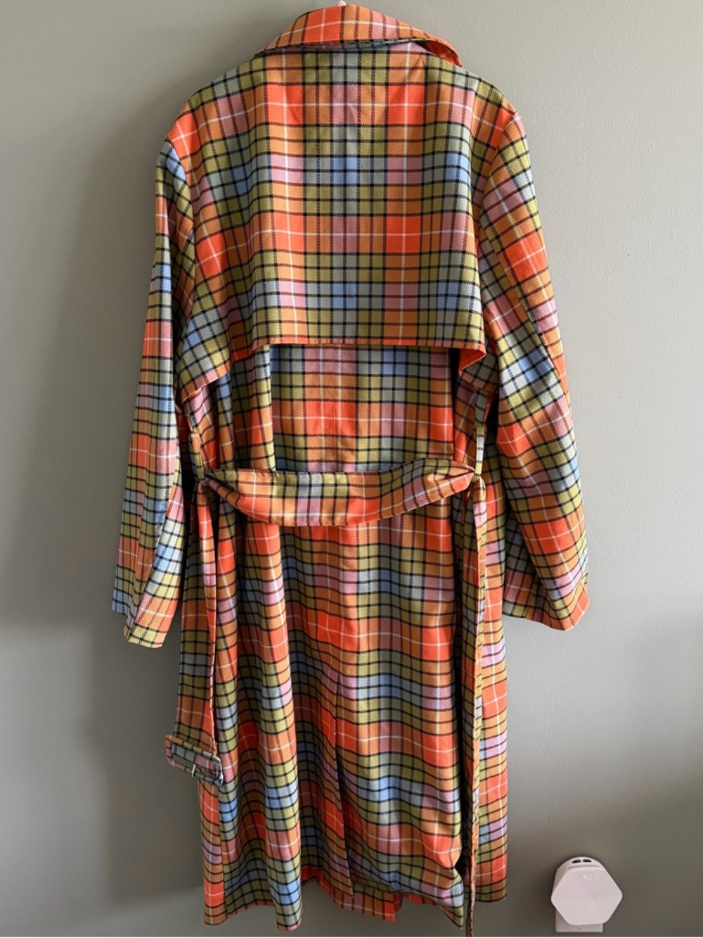Hilary MacMillan Plaid Belted Trench Coat in Orange & Blue - Picture 7 of 16